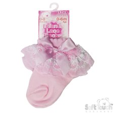S115-P: Pink Lace Socks w/Flower Trim & Bow (NB-18 Months)
